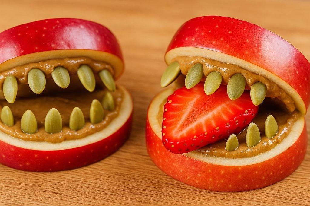 Apple slices filled with peanut butter and sunflower seeds, one with a strawberry tongue