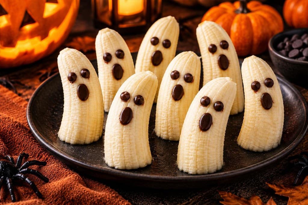 Banana ghosts with chocolate-chip faces on a dark plate, with a pumpkin lantern nearby