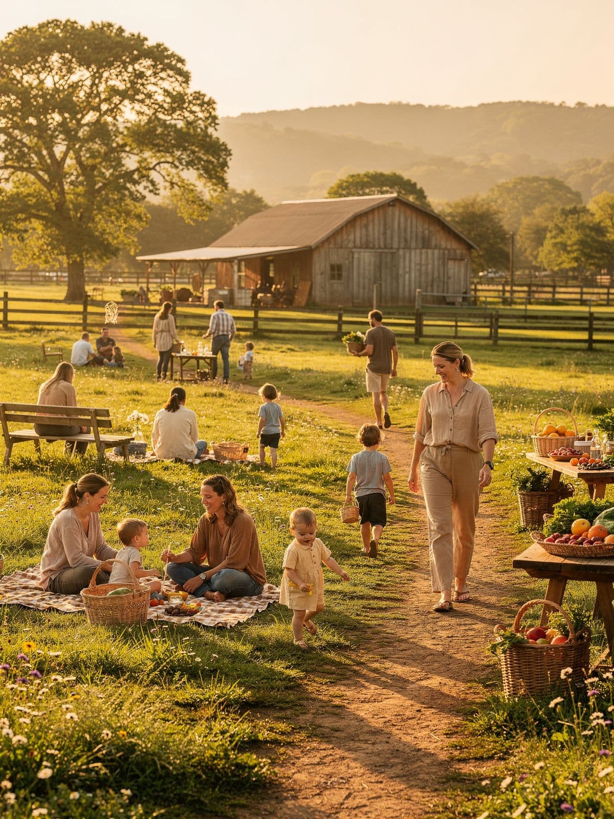 Families gathering outdoors at a farm workshop
